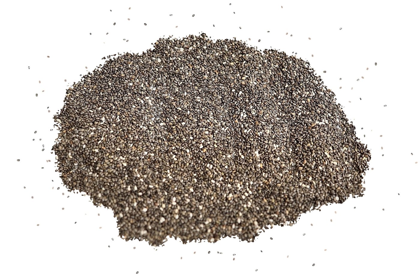 Organic black chia seeds on a white tray